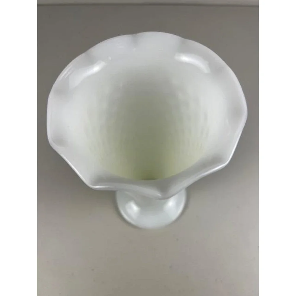 Vintage Anchor Hocking Milk Dot Dash Glass Hobnail Scalloped Trumpet Vase Footed